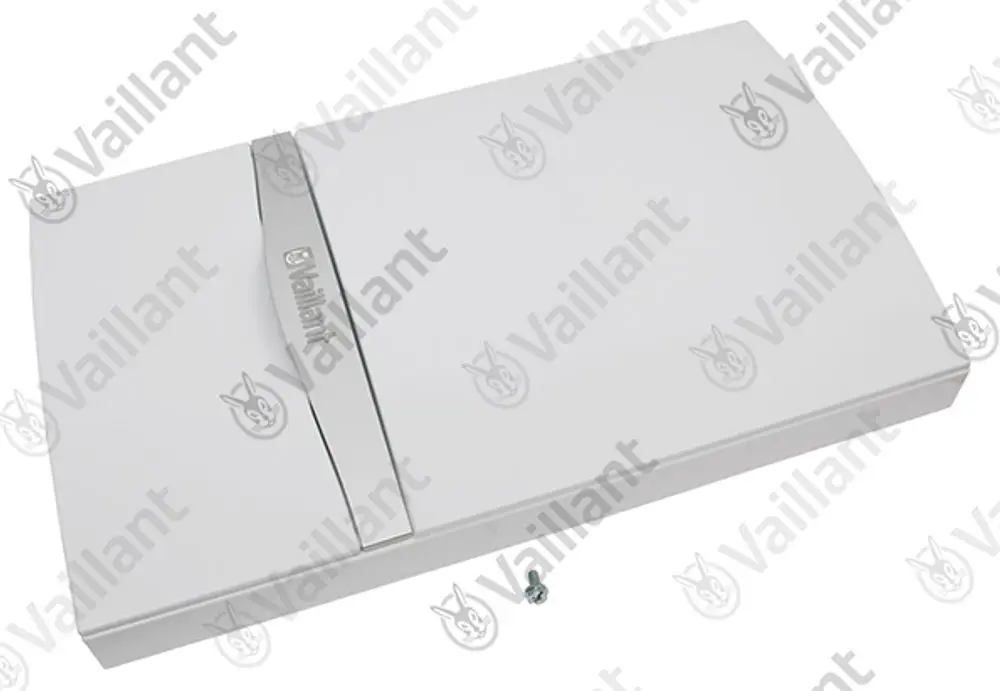 Weiße Verkleidung von Vaillant mit einer glatten Oberfläche und einem zentralen Emblem. Die Abdeckung hat eine einfache, funktionale Form und ist für Heizungsanlagen vorgesehen.